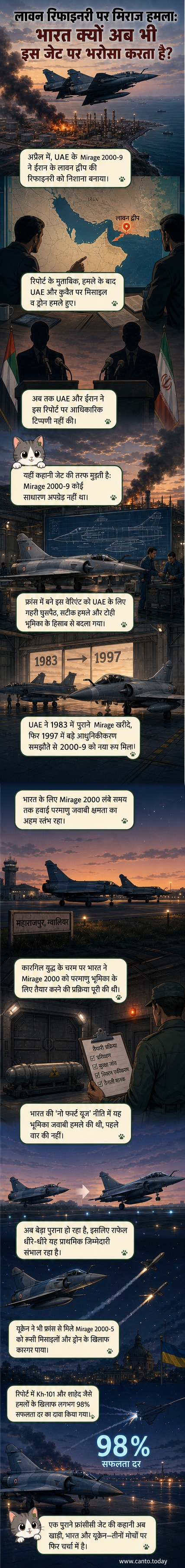 मिराज 2000 लड़ाकू विमान ईरान की रिफाइनरी पर हमला करते हुए, पृष्ठभूमि में धुआं और विस्फोट।