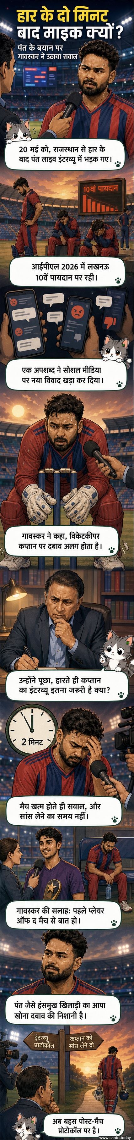 क्रिकेट के मैदान पर नाराज ऋषभ पंत, पृष्ठभूमि में सुनील गावस्कर की छवि और 'इंटरव्यू क्यों?' के सवाल के साथ