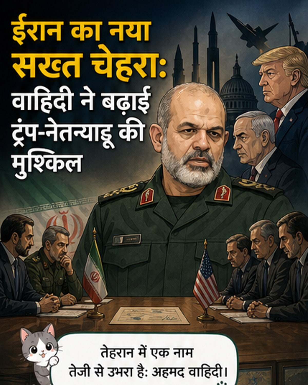 एक सैन्य नेता ईरान के झंडे के सामने खड़ा है, पृष्ठभूमि में मिसाइल लॉन्च की तस्वीर।