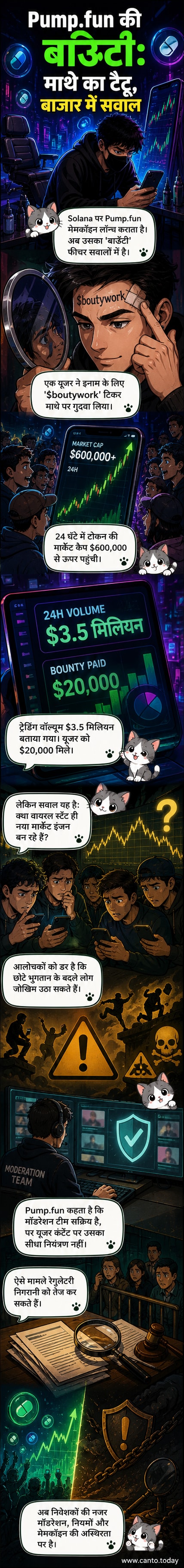 एक व्यक्ति के माथे पर 'boutywork' टोकन का नाम टैटू है, पीछे क्रिप्टो चार्ट और सोलाना ब्लॉकचेन के प्रतीक चिह्न दिख रहे हैं।