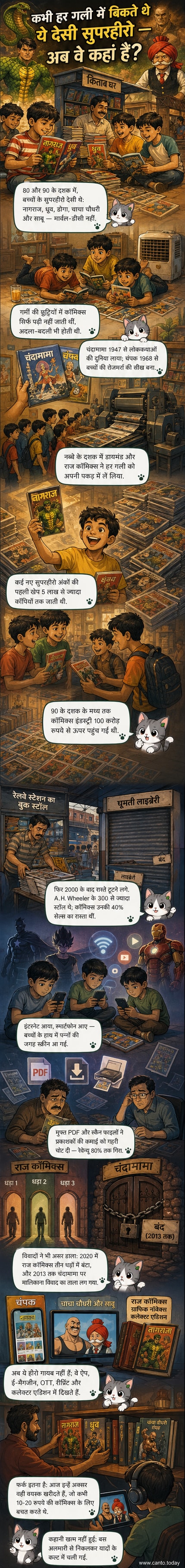 एक नोस्टैल्जिक भारतीय कॉमिक्स कवर जिसमें चाचा चौधरी, नागराज और साबू एक साथ दिखाई दे रहे हैं, पृष्ठभूमि में चंदामामा और चंपक के पुराने लोगो के साथ।