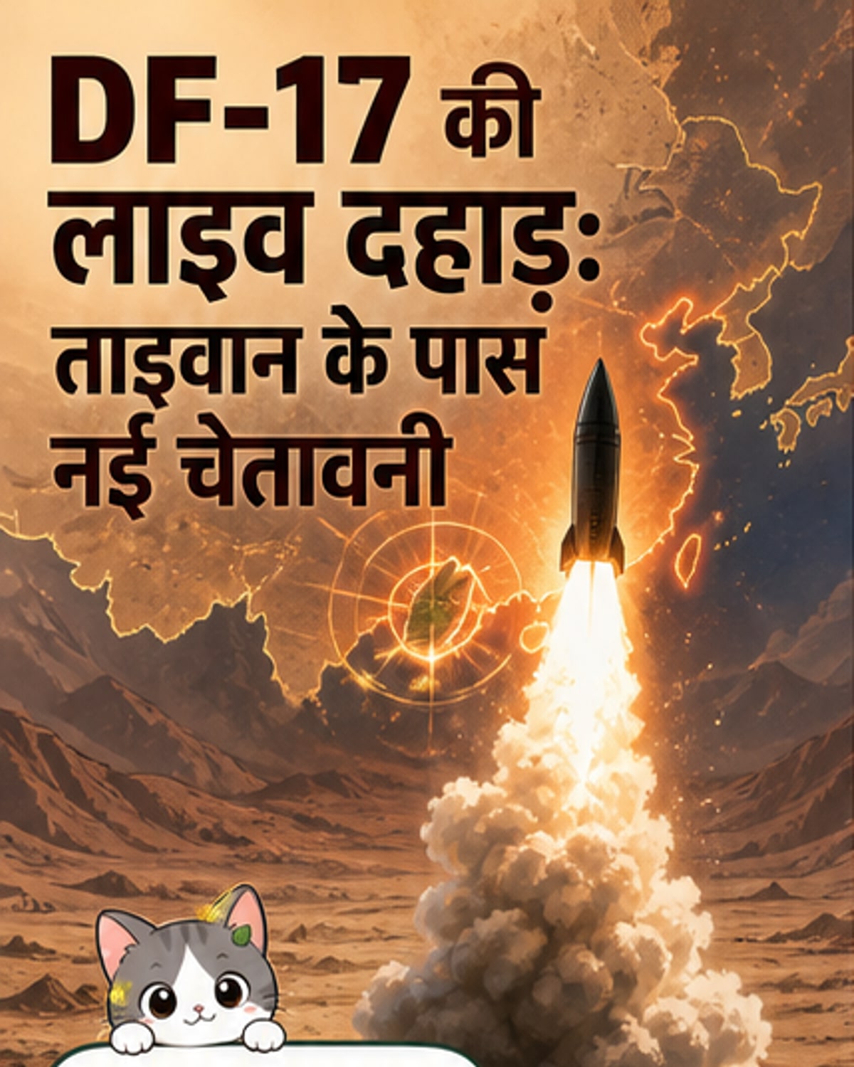 डोंगफेंग-17 मिसाइल का लाइव लॉन्च, गोबी मरुस्थल में आकाश में लाल रंग की आग की लकीर के साथ ऊपर की ओर उड़ान भरते हुए।