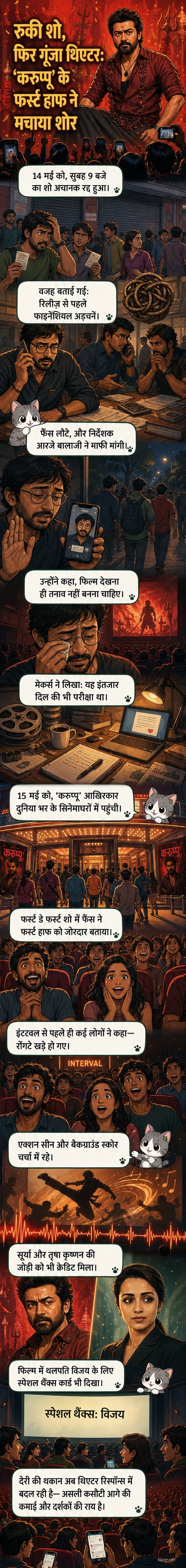 फिल्म 'करुप्पू' का पोस्टर, जिसमें सूर्या और तृषा कृष्णन एक एक्शन सीन में दिखाई दे रहे हैं, पृष्ठभूमि में आग और धुआं है।