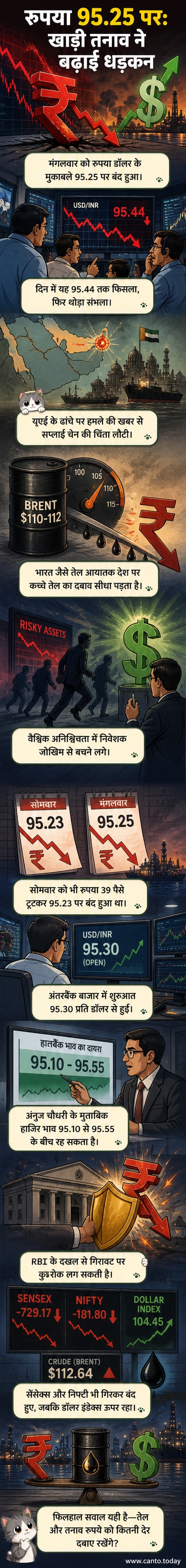 एक ग्राफ़ जो भारतीय रुपये के डॉलर के मुकाबले गिरते मूल्य को दिखाता है, साथ में तेल के ड्रम और खाड़ी क्षेत्र का नक्शा।