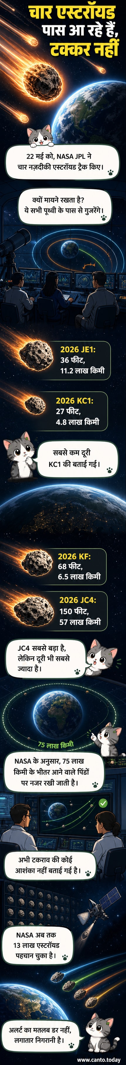 अंतरिक्ष में चार एस्टरॉयड्स पृथ्वी के करीब से गुजरते हुए, नासा लोगो के साथ