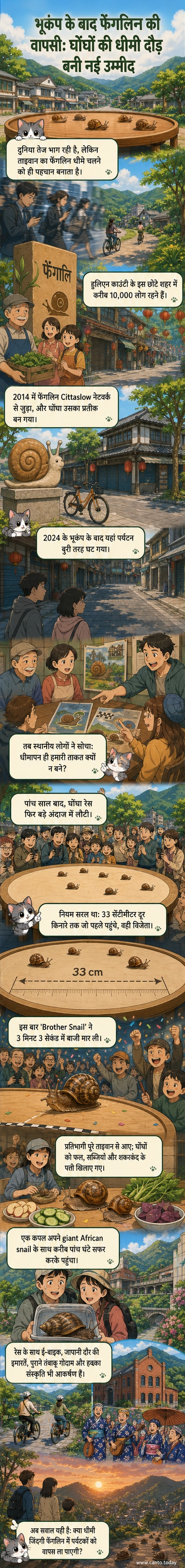 ताइवान के फेंगलिन शहर में घोंघों की रेस के दौरान एक गोल टेबल पर घोंघे धीरे-धीरे आगे बढ़ रहे हैं, पृष्ठभूमि में हरियाली और स्थानीय लोग मुस्कुराते हुए देख रहे हैं।