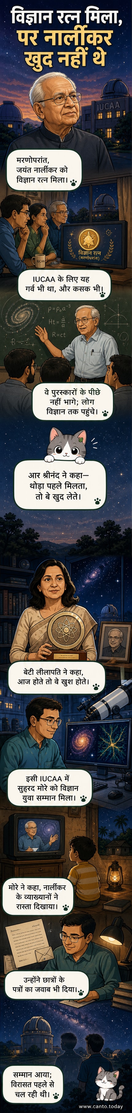 दो वैज्ञानिकों के प्रतीकात्मक चित्र: बाईं ओर जयंत नार्लीकर की तस्वीर, दाईं ओर सुहुरद मोरे की तस्वीर, पृष्ठभूमि में तारों भरा आकाश और एक दूरबीन।
