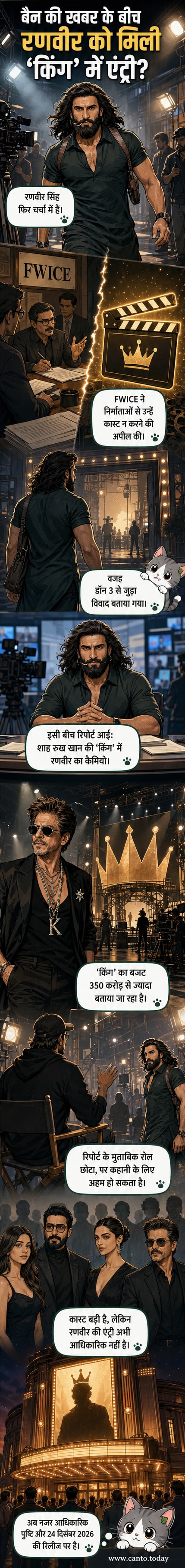 रणवीर सिंह और शाह रुख खान की आगामी फिल्म 'किंग' के पोस्टर की कल्पना, जिसमें दोनों अभिनेता एक दूसरे के सामने खड़े हैं, पृष्ठभूमि में शहर का नजारा और 'किंग' का बड़ा लोगो।