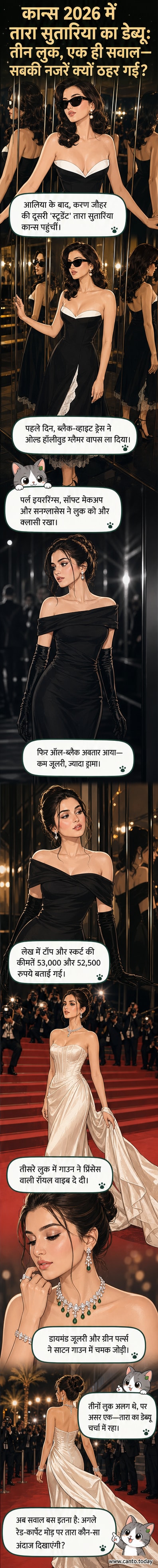 तारा सुतारिया कान्स फिल्म फेस्टिवल 2026 में तीन अलग-अलग फैशन लुक्स में: ब्लैक एंड वाइट विंटेज ड्रेस, ऑल-ब्लैक मिनिमल आउटफिट और विविएन वेस्टवुड का रॉयल ब्राइडल गाउन।
