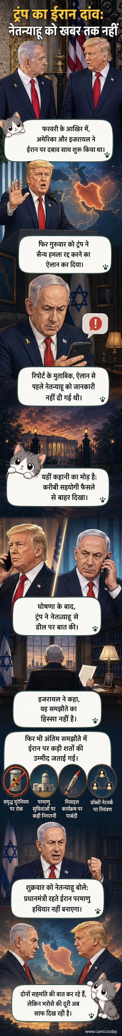 एक वेबटून पैनल जो अमेरिकी राष्ट्रपति डोनाल्ड ट्रंप और इजरायली प्रधानमंत्री बेंजामिन नेतन्याहू के बीच तनाव दिखाता है, जहां ट्रंप ईरान के साथ डील की घोषणा कर रहे हैं और नेतन्याहू पीछे खड़े हैं, आश्चर्यचकित दिख रहे हैं।