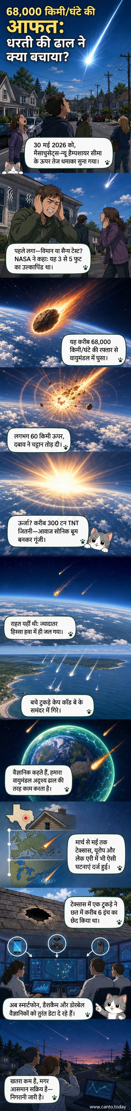 एक उल्कापिंड आकाश में चमकता हुआ, जिसके टूटने से तेज धमाका हो रहा है, पृथ्वी की ओर गिरते हुए।