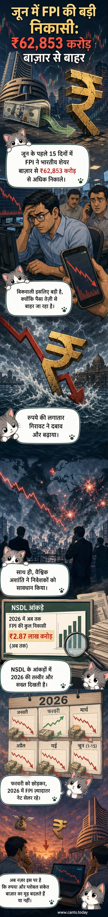 एक ग्राफ जो जून 2026 के पहले 15 दिनों में FPI द्वारा ₹62,853 करोड़ की निकासी दिखाता है, रुपए की गिरावट और वैश्विक अशांति के पीछे के कारण के साथ।
