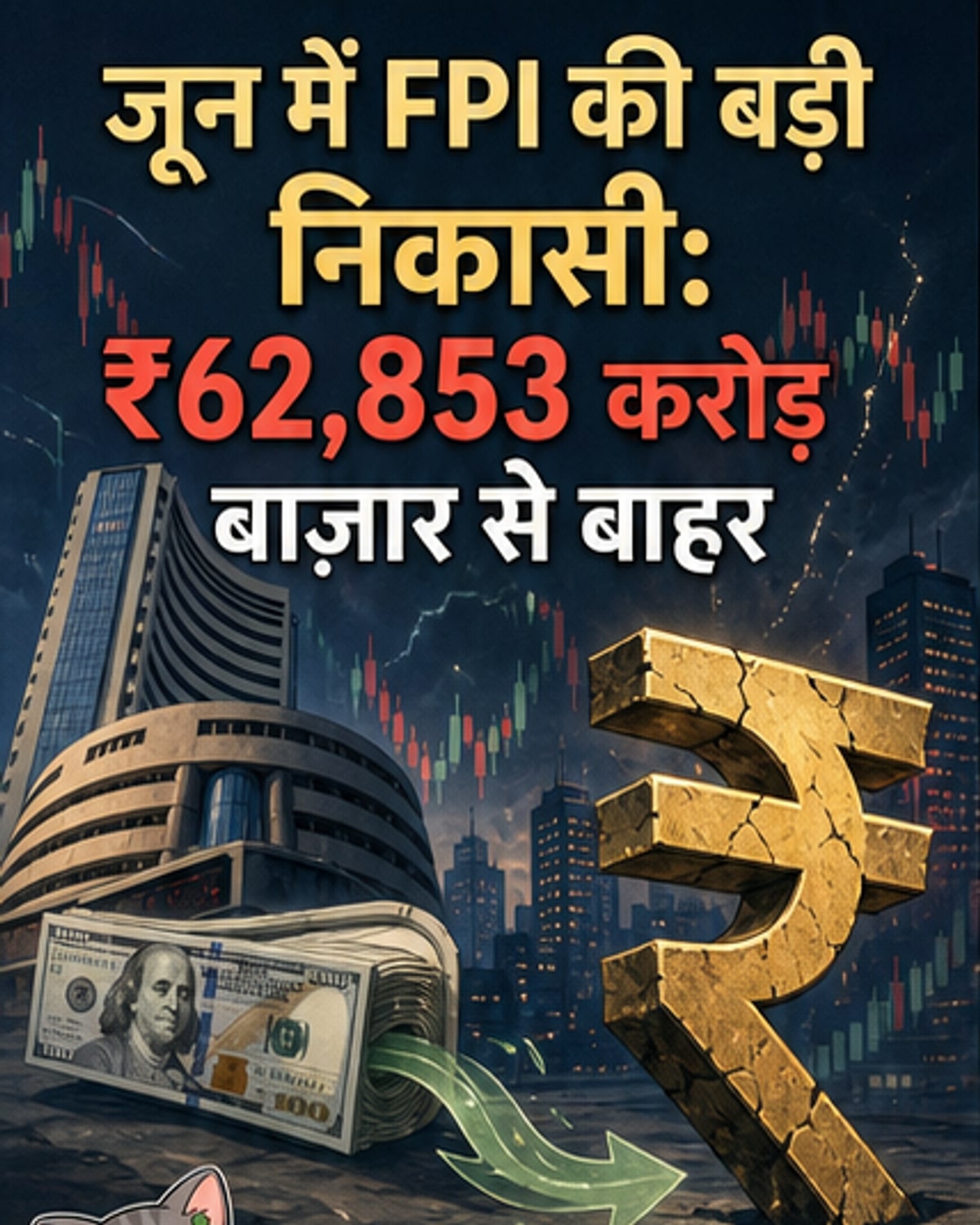 एक ग्राफ जो जून 2026 के पहले 15 दिनों में FPI द्वारा ₹62,853 करोड़ की निकासी दिखाता है, रुपए की गिरावट और वैश्विक अशांति के पीछे के कारण के साथ।