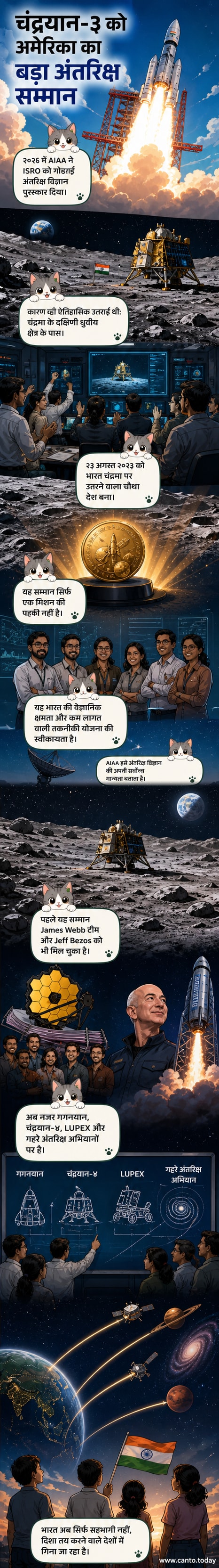 चंद्रयान-3 का चंद्रमा के दक्षिणी ध्रुव पर उतरते हुए एक आभासी दृश्य, पृष्ठभूमि में भारतीय झंडा और अंतरिक्ष एजेंसी के लोगों के साथ।
