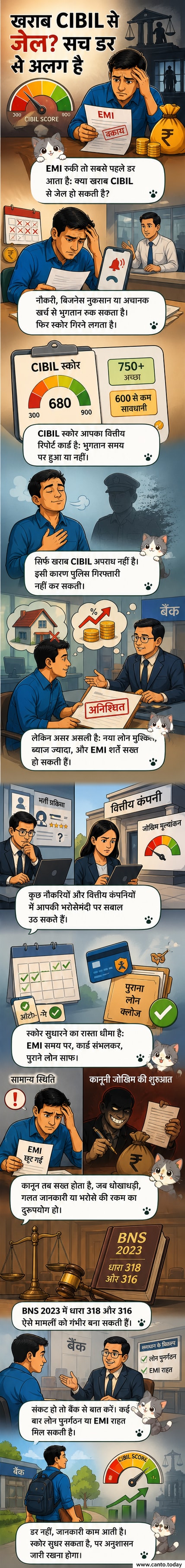 एक व्यक्ति चिंतित अवस्था में CIBIL स्कोर देख रहा है, पृष्ठभूमि में बैंक इमारत और लाल घंटी के साथ।