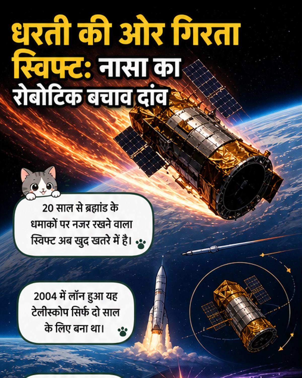 एक रोबोटिक स्पेसक्राफ्ट अंतरिक्ष में एक बड़े टेलीस्कोप को पकड़कर ऊपर की ओर ले जा रहा है, पृथ्वी की पृष्ठभूमि में दिखाई दे रही है।