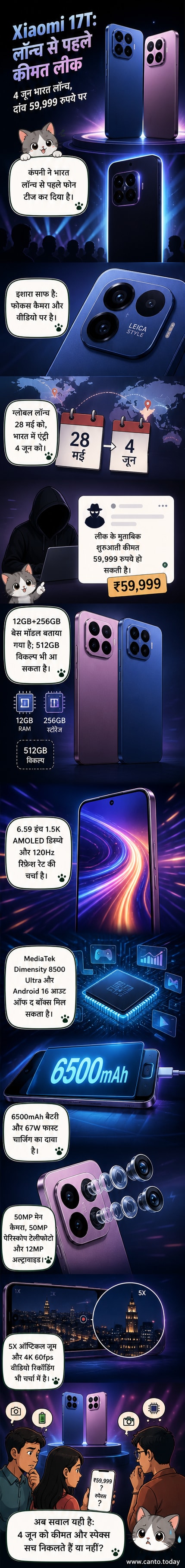 Xiaomi 17T स्मार्टफोन का वायलेट और डीप ब्लू रंग में डिज़ाइन, बड़ी बैटरी और ट्रिपल कैमरा सेटअप के साथ।
