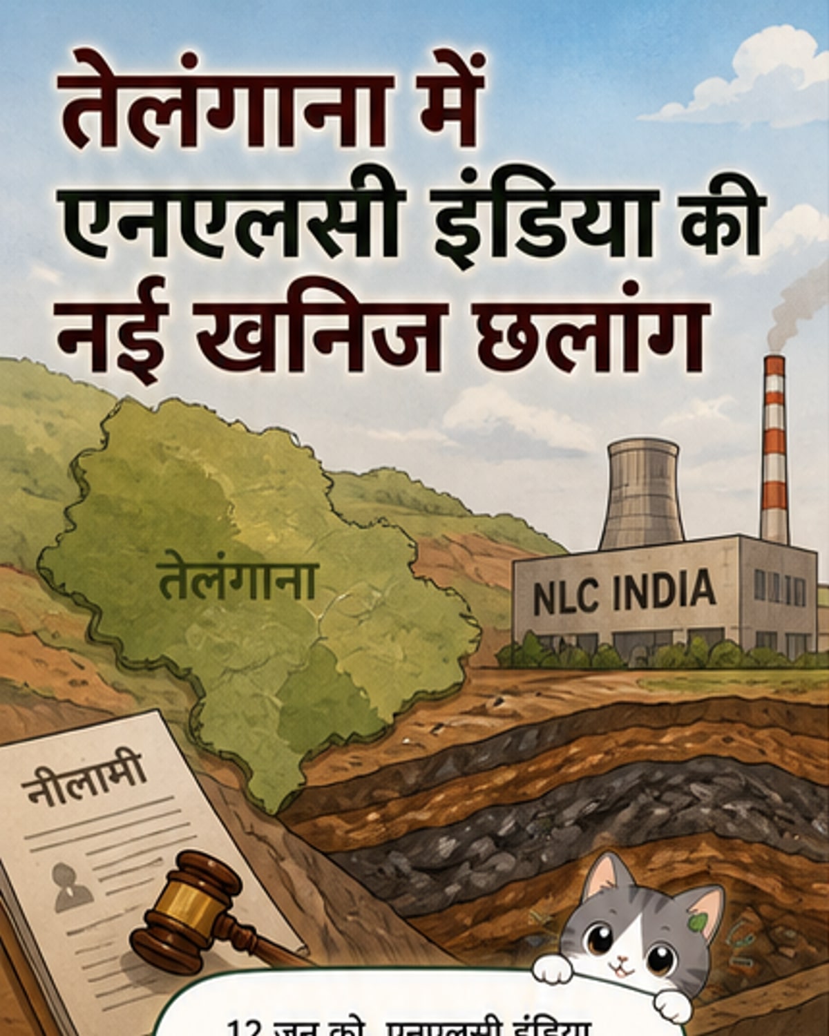 एक खनिज ब्लॉक के ऊपर एनएलसी इंडिया का लोगो और तेलंगाना के नक्शे के साथ एक आधिकारिक घोषणा का दृश्य