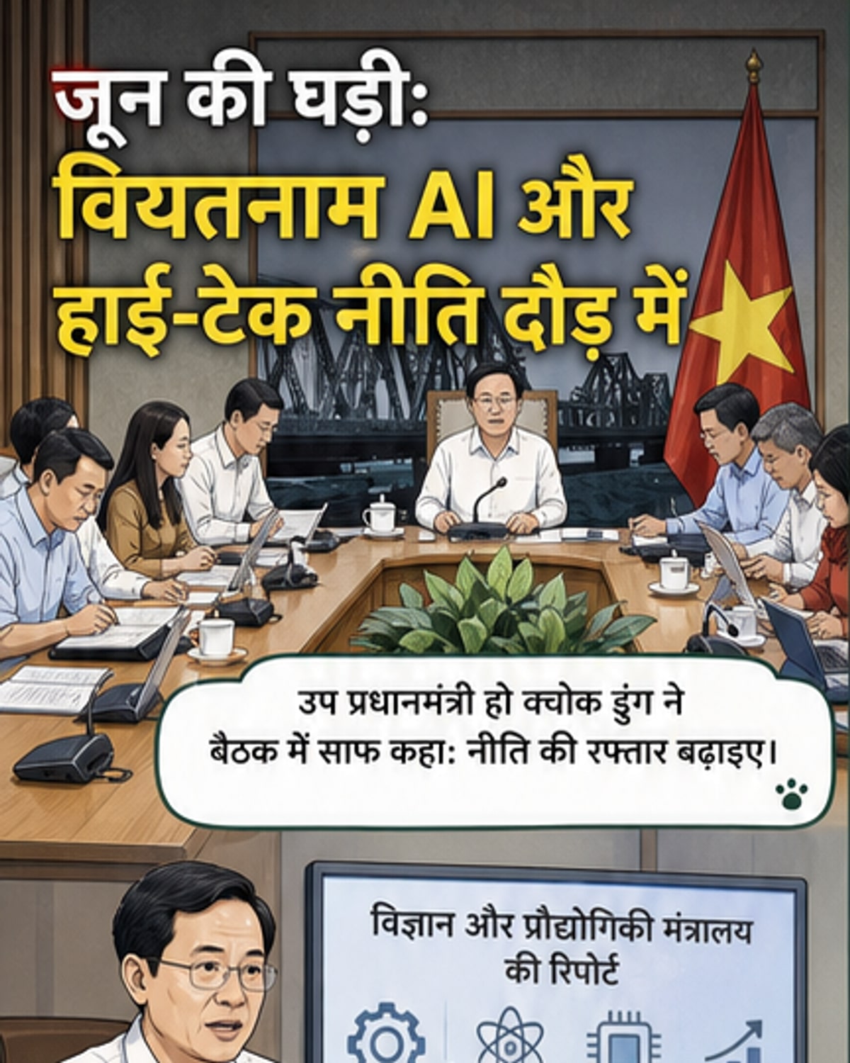 एक वेबटून पैनल जो वियतनाम के तकनीकी नीति विकास के निर्माण को दिखाता है, जिसमें एक सरकारी भवन और एक डिजिटल पैनल पर 'एआई नीति 2026' लिखा हुआ है।