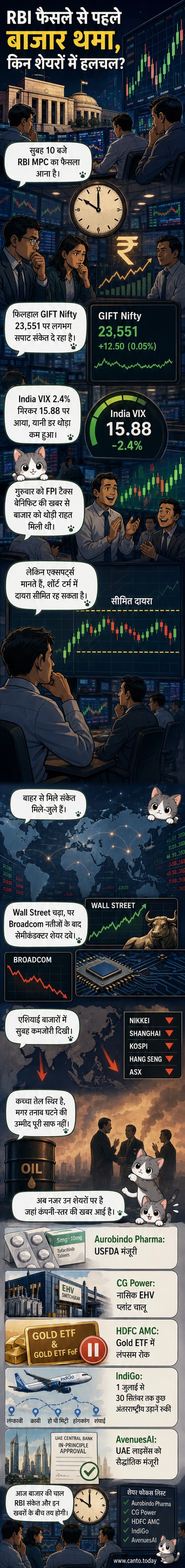 एक व्यापारिक ट्रेडिंग फ्लोर के पृष्ठभूमि में आरबीआई भवन और निफ्टी सूचकांक के साथ एक डिजिटल डैशबोर्ड दिखाते हुए, जिसमें GIFT निफ्टी का स्तर 23,551 पर है।