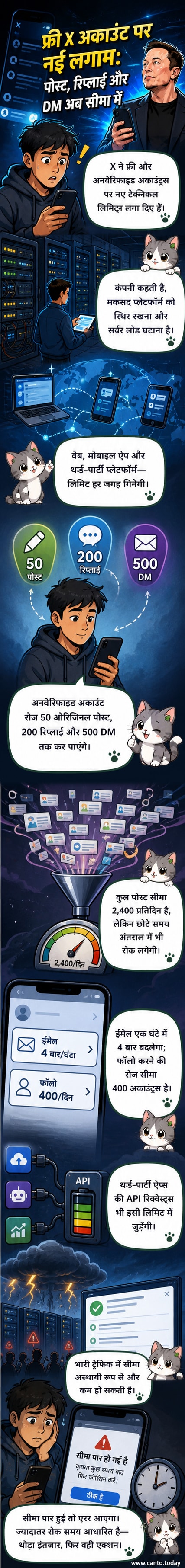 एक फोन स्क्रीन जिसमें X ऐप पर 'आपने आज की सीमा पार कर ली है' का एरर मैसेज दिख रहा है, पृष्ठभूमि में एलन मस्क की छवि और लाल घेरे में बंद सीमा आइकन