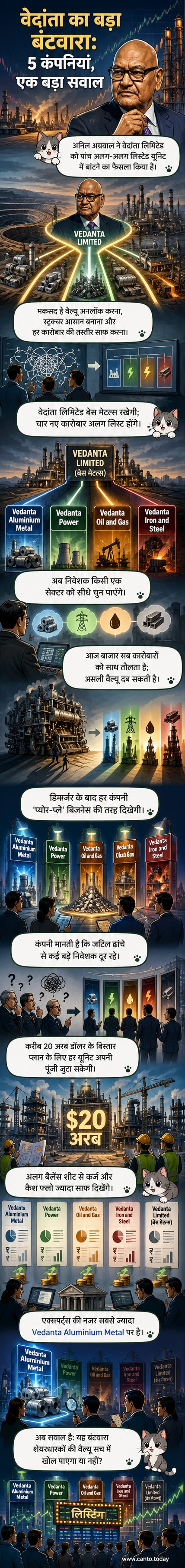 एक व्यापारी एक बड़े धातु के ब्लॉक को पांच छोटे हिस्सों में तोड़ते हुए, प्रत्येक पर अलग कंपनी का नाम लिखा है।