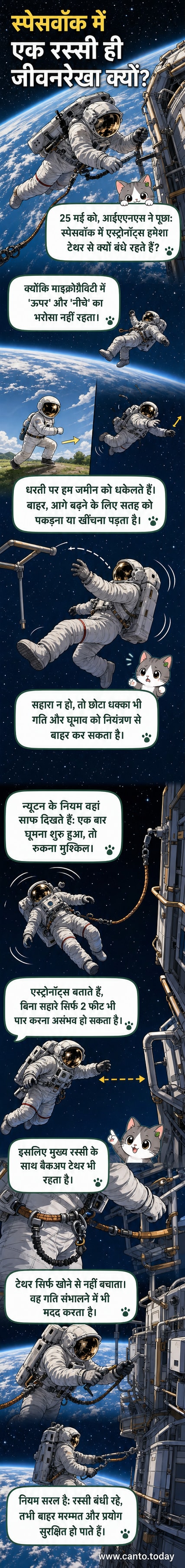 एक एस्ट्रोनॉट स्पेसवॉक के दौरान स्पेस स्टेशन से रस्सी से जुड़ा हुआ है, पृष्ठभूमि में पृथ्वी दिखाई दे रही है।