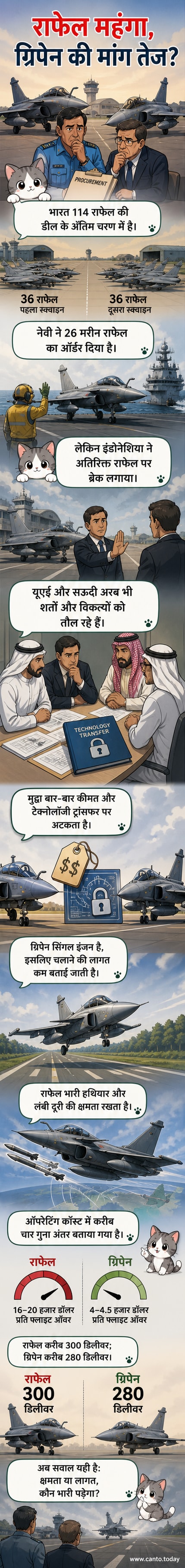 दो फाइटर जेट आकाश में आमने-सामने, एक तरफ फ्रांस का राफेल और दूसरी तरफ स्वीडन का ग्रिपेन, नीचे लागत और क्षमता की तुलना दिखाते आंकड़े।