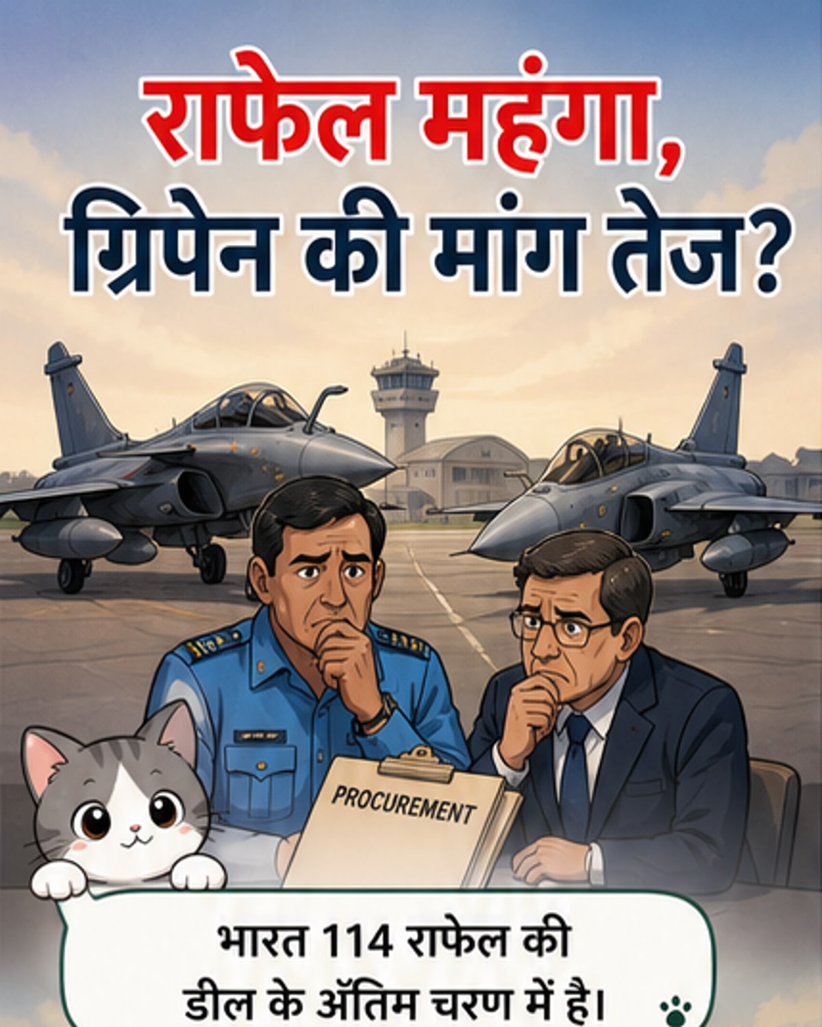 दो फाइटर जेट आकाश में आमने-सामने, एक तरफ फ्रांस का राफेल और दूसरी तरफ स्वीडन का ग्रिपेन, नीचे लागत और क्षमता की तुलना दिखाते आंकड़े।