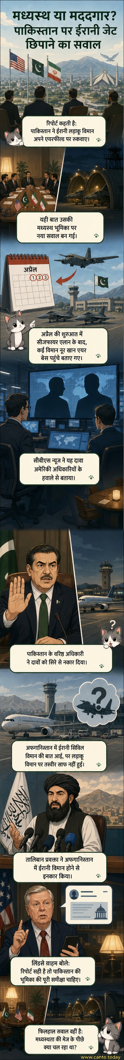 एक एयरबेस पर छिपे ईरानी लड़ाकू विमानों की कलात्मक छवि, पाकिस्तानी झंडे के साथ, जबकि पृष्ठभूमि में शांति वार्ता के प्रतीक दिखाई दे रहे हैं।