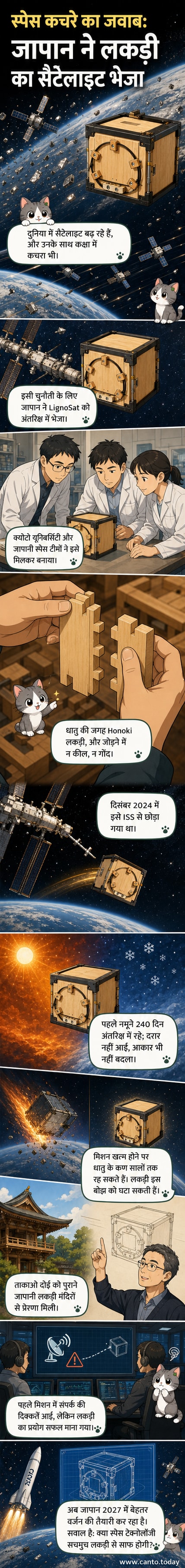 एक छोटा लकड़ी का सैटेलाइट अंतरिक्ष में पृथ्वी की परिक्रमा करते हुए, नीचे नीले ग्रह के साथ।