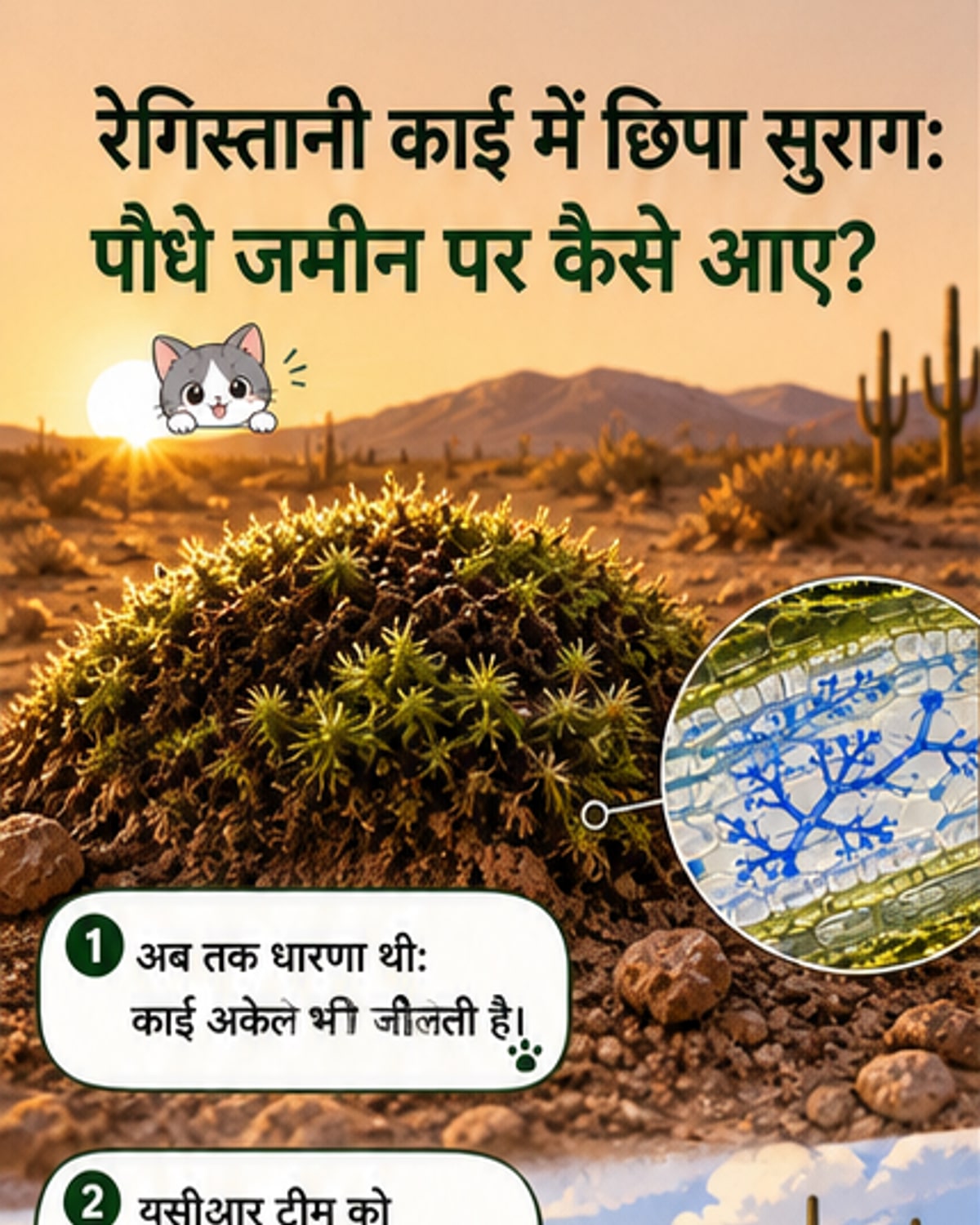 एक रेगिस्तानी चट्टान पर हरी काई के नमूने के क्लोज-अप में माइक्रोस्कोप द्वारा देखे गए फंगस के शाखित संरचना को नीली डाई से चिह्नित किया गया है।