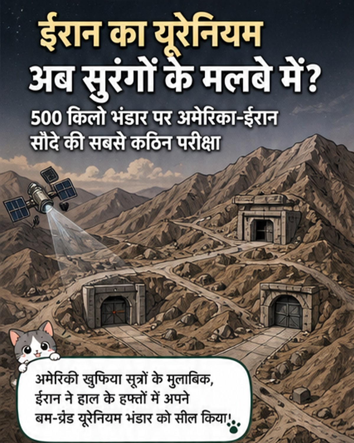 एक भूमिगत सुरंग का दृश्य, जिसका प्रवेश द्वार ढह चुका है और आसपास बारूदी सुरंगों के निशान हैं। पृष्ठभूमि में ईरान का मानचित्र और परमाणु प्रतीक दिखाई देता है।