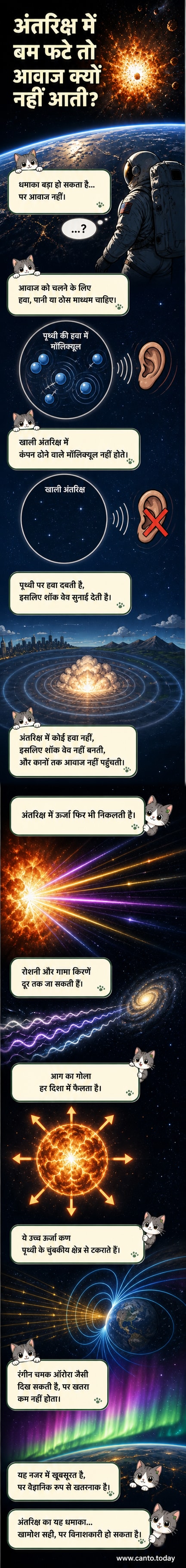 अंतरिक्ष में एक चमकता हुआ गोला, आसपास अंधेरा, आवाज के लिए कोई तरंग नहीं दिख रही।