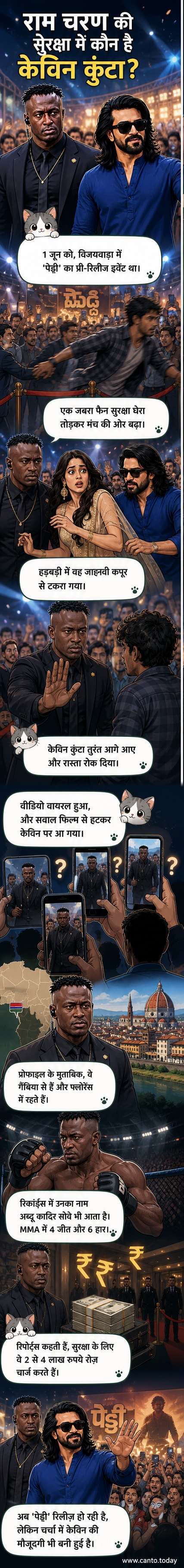 काले सूट में राम चरण के पीछे खड़े लंबे और मजबूत बॉडीगार्ड केविन कुंटा की तस्वीर, जो एक इवेंट में सुरक्षा के लिए तैनात दिख रहे हैं।