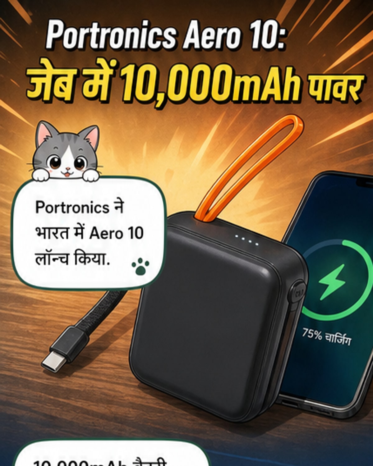 Portronics Aero 10 पावरबैंक का स्क्वायर डिजाइन, ब्लैक, नेवी ब्लू और मोचा कलर में, बिल्ट-इन USB-C केबल के साथ।