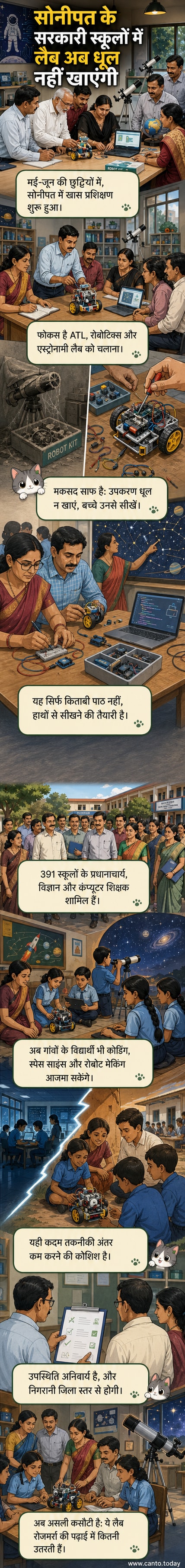 एक सरकारी स्कूल की रोबोटिक्स प्रयोगशाला में शिक्षक एक छोटे रोबोट के साथ काम करते हुए, पृष्ठभूमि में छात्र एक टैबलेट पर डेटा देख रहे हैं।