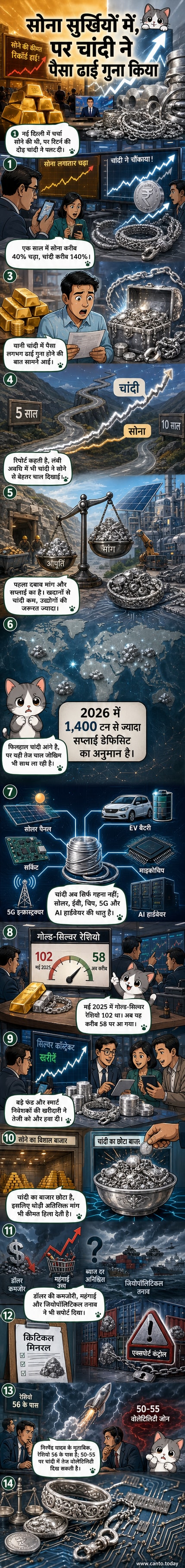 चांदी की बढ़ती कीमतों के साथ सोने को पीछे छोड़ते हुए एक ग्राफिक वेबटून पैनल।