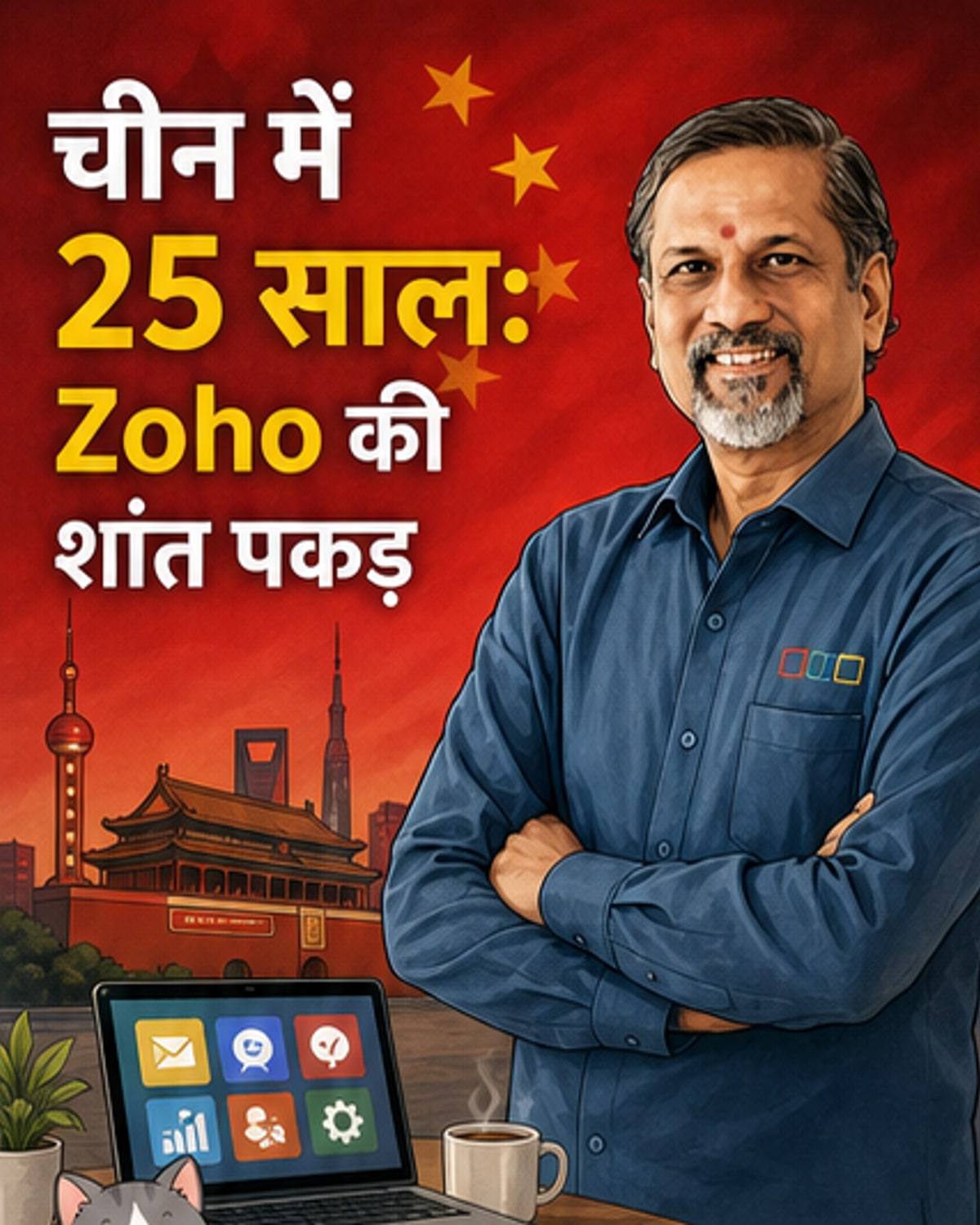 एक भारतीय टेक कंपनी Zoho के चीन में 25 साल के सफर को दर्शाता वेबटून, जिसमें चीनी भाषा में सॉफ्टवेयर, स्थानीय कर्मचारी और डेटा सेंटर्स दिखाए गए हैं।