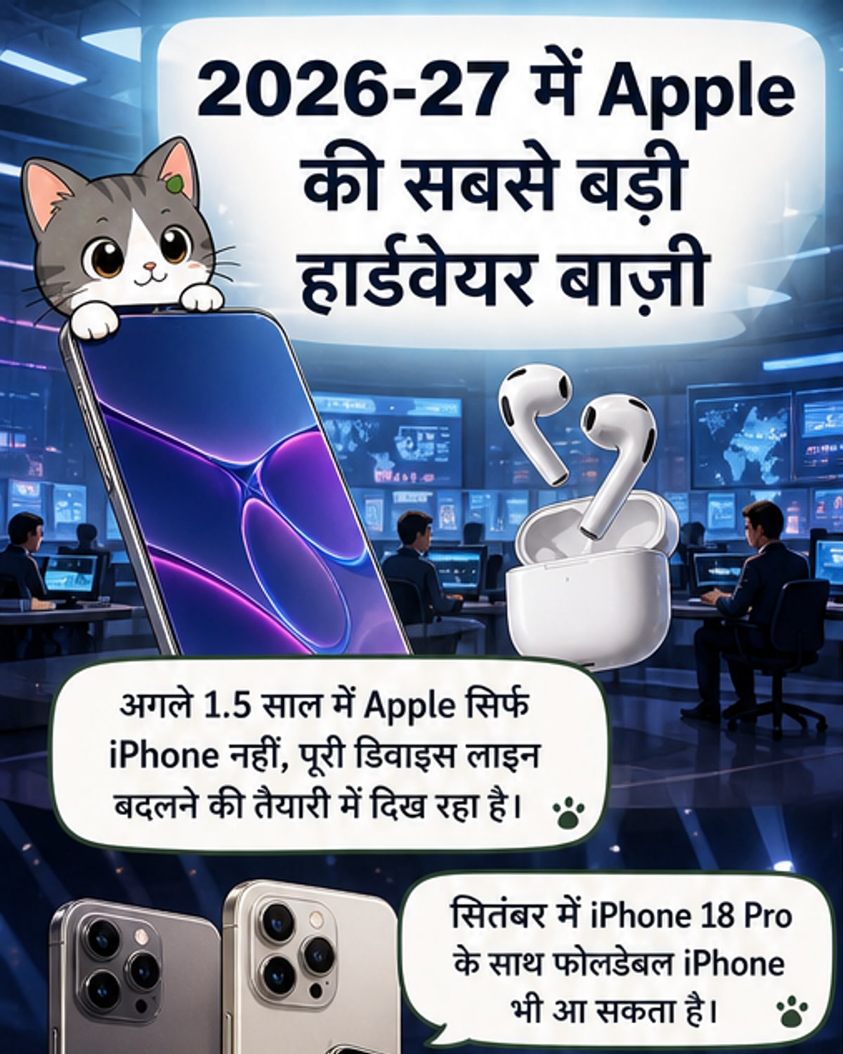 एक फोल्डेबल आईफोन, एक स्मार्ट चश्मा, एक कैमरा वाला एयरपॉड और एक फुल-डिस्प्ले आईफोन की कलात्मक छवि