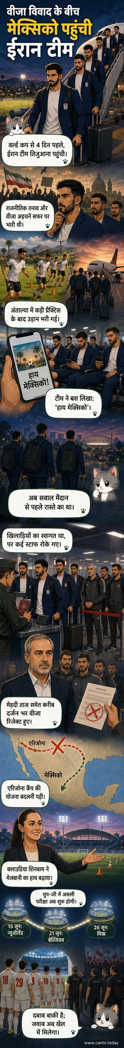 ईरानी फुटबॉल टीम सफेद शर्ट और नीले ब्लेजर में मेक्सिको के तिजुआना में एक साथ खड़ी है, पृष्ठभूमि में एक हवाई अड्डे का दृश्य है।