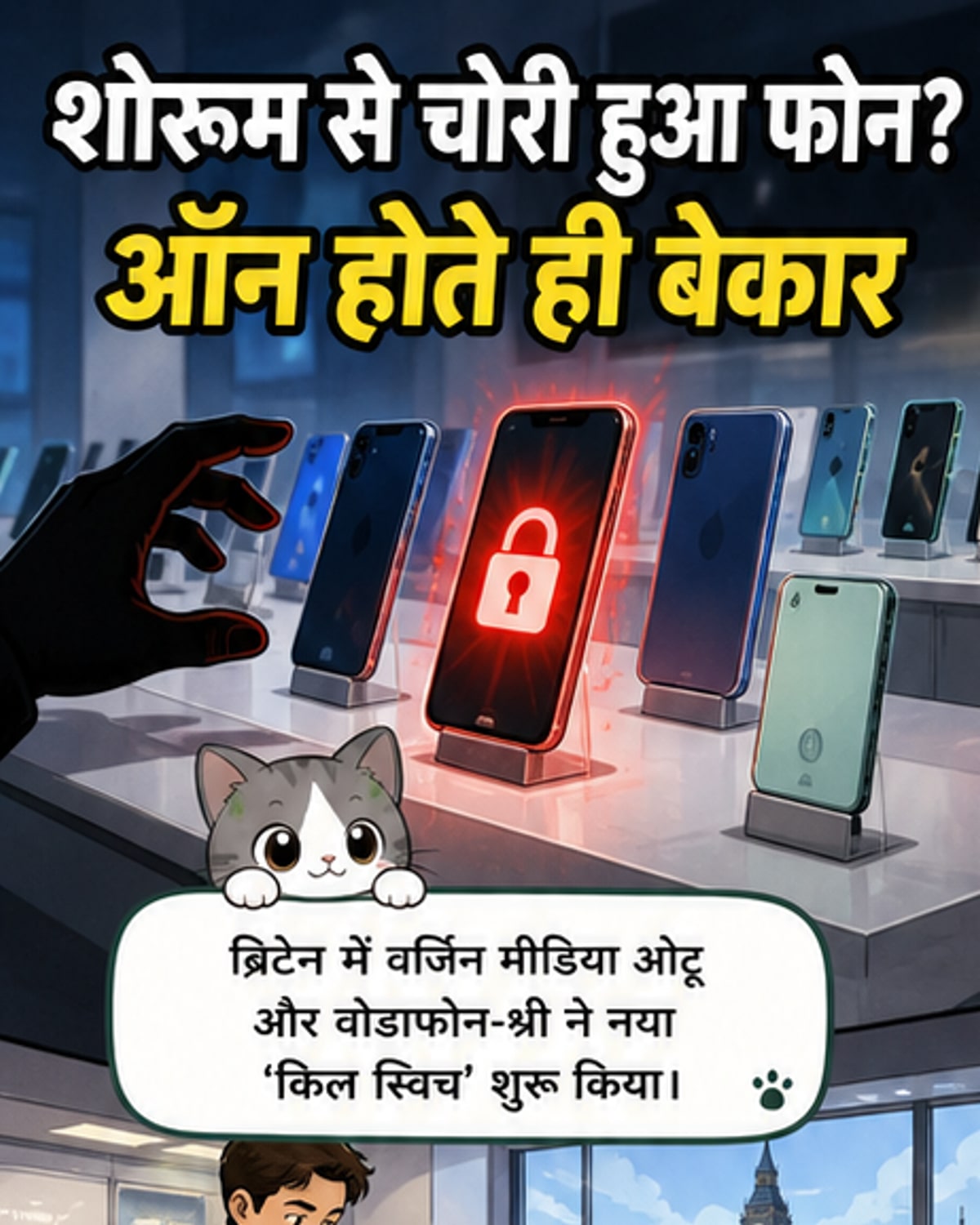 एक तोड़े हुए स्मार्टफोन के सामने 'किल स्विच' लिखा बटन, पृष्ठभूमि में ब्रिटिश झंडा