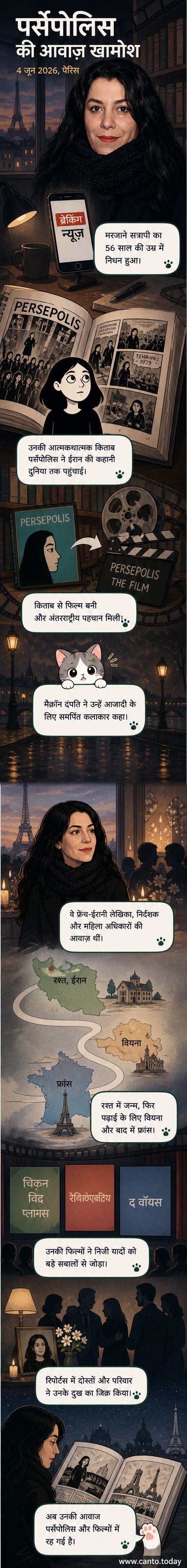 मरजाने सत्रापी की एक काली-सफेद तस्वीर, जिसमें वह एक बड़े कॉलर वाली जैकेट पहने हैं, पृष्ठभूमि में 'पर्सेपोलिस' के कॉमिक पैनल्स दिखाई दे रहे हैं।