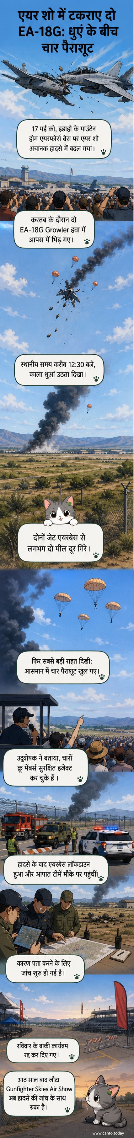 दो अमेरिकी F-18 लड़ाकू विमान आसमान में टकराते हुए, विस्फोट के साथ आग का गोला बन रहा है, चार पैराशूट खुले हुए हैं।