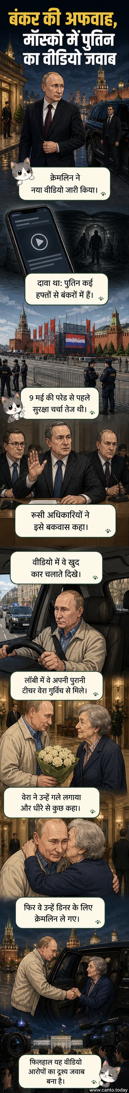 व्लादिमीर पुतिन एक बड़ा गुलदस्ता लिए होटल लॉबी में अपनी बूढ़ी शिक्षिका की ओर बढ़ रहे हैं, दोनों गर्मजोशी से गले मिल रहे हैं, पीछे सुरक्षाकर्मी खड़े हैं।
