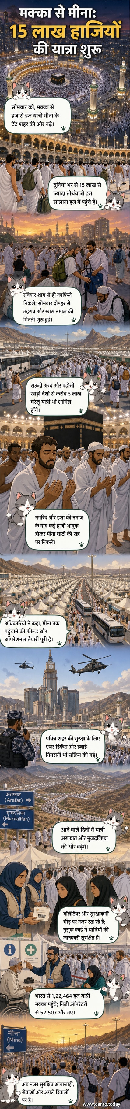 मक्का में हज यात्री मीना की ओर चलते हुए, पीछे काबा और भीड़ के बीच तालिबाह का जाप करते हुए।