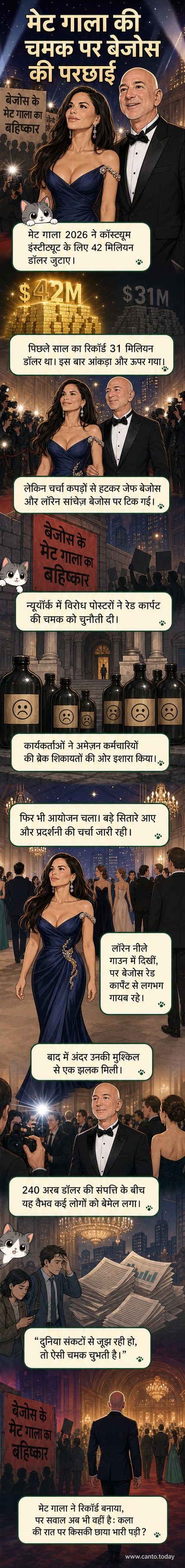 मेट गाला 2026 के दौरान रेड कार्पेट पर लॉरेन सांचेज़ बेजोस एक चमकीले नीले गाउन में, जबकि जेफ बेजोस पृष्ठभूमि में एक साधारण टक्सीडो में दिखाई दे रहे हैं।