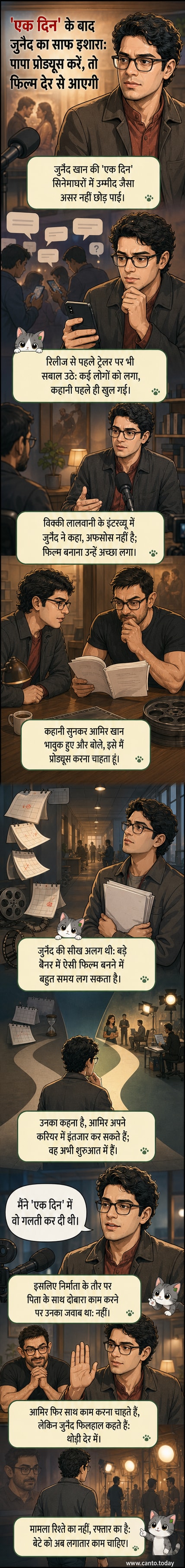 जुनैद खान एक दिन फिल्म के प्रमोशन के बाद निराश दिख रहे हैं, पृष्ठभूमि में फिल्म का पोस्टर लटका है।