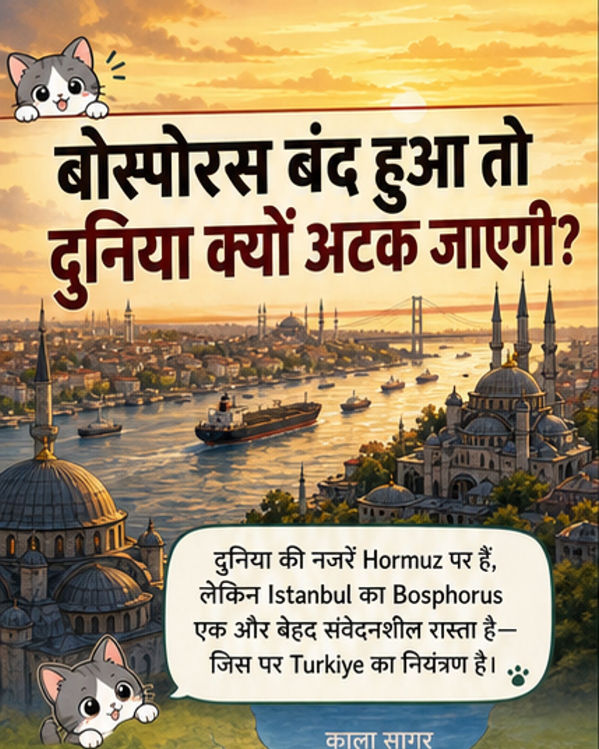 इस्तांबुल के बीच से गुजरता बोस्पोरस जलडमरूमध्य, जहां जहाज यूरोप और एशिया के बीच के संकरे रास्ते पर चल रहे हैं, पृष्ठभूमि में मस्जिद और शहर का दृश्य।