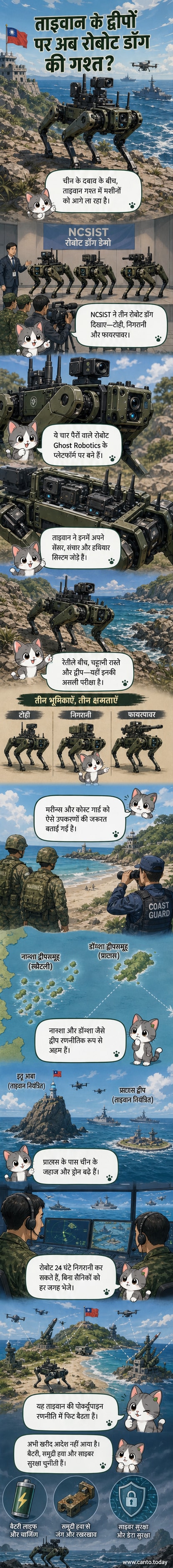 एक रोबोट कुत्ता दक्षिण चीन सागर के विवादित द्वीप पर गश्त लगाते हुए, पृष्ठभूमि में समुद्र और आकाश।